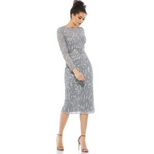 Mac Duggal Platinum Silver Embellished High Neck Puff Sleeve Midi Sheath Dress